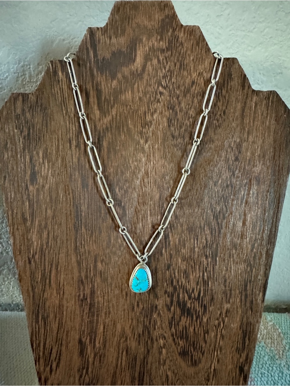 Sterling Silver Paperclip Chain Necklace with Turquoise Pendant
